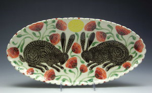 Sue Tirrell Medium Platter. Brown Rabbits and Poppies