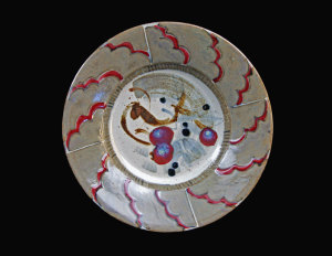 David and Felicity stoneware plate - 380mm diam, off white glaze, brush decoration using various oxides and slips, reduction fired to cone 12