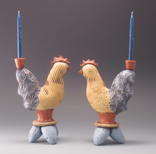 Amy Sanders chicken candlestick pair