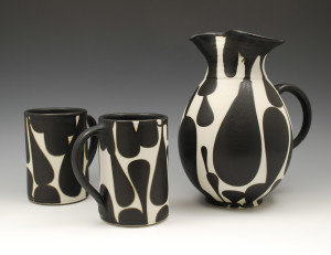 Sam Scott Black and White Pitcher with Mugs- 10in tall